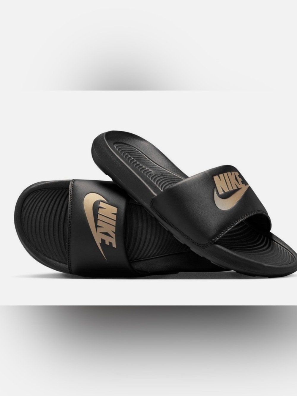 Nike Victori One Slide Black Gold Metallic Size 9